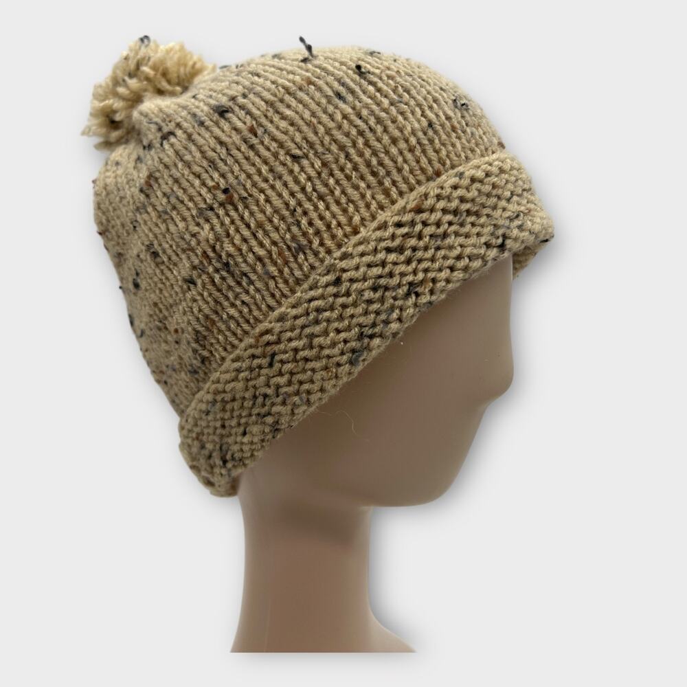 Tan Knit‎ Woven Cream Confetti Beanie Knit Pom Pom Winter Hat Boho Outdoors XS